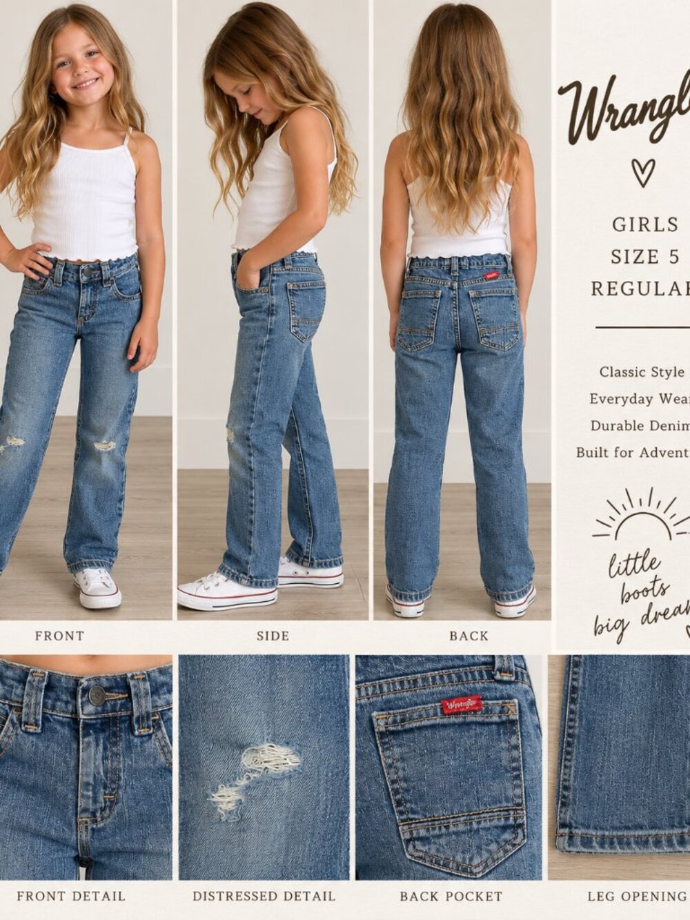 Wrangler Girls Size 5 Regular Distressed Denim Jeans Y2K Straight Leg